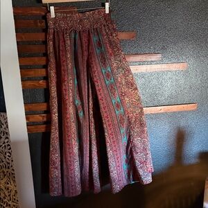 Smocked-Waist Wide-Leg Pants in Burgundy & Teal Stripe